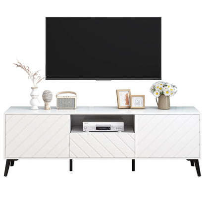 170cm Meuble TV Blanc pour TV 70 pouces, Moderne et Simple Banc TV avec 2 Portes et 1 Tiroir, Séparateurs Internes Réglables, Pieds en Métal Robustes avec Coussinets Souples, Facile à Assembler