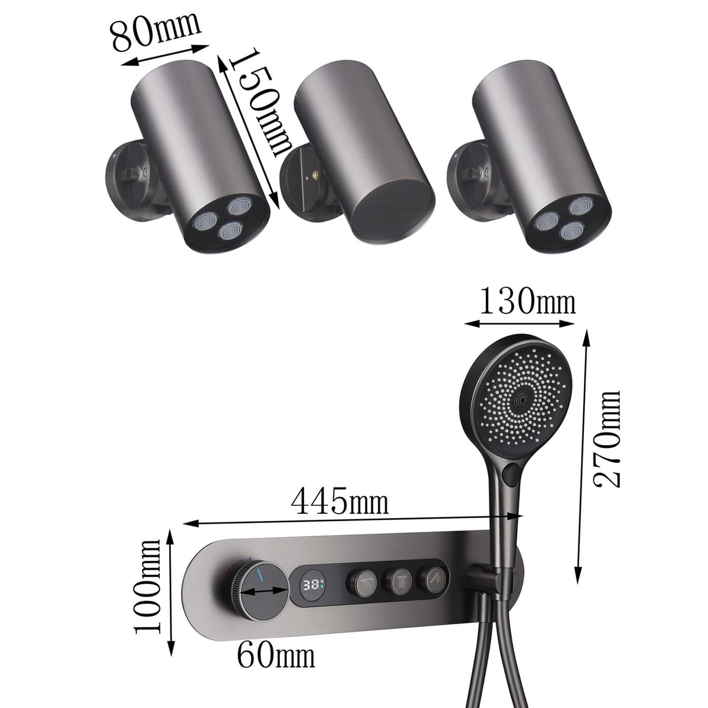Colonne de Douche Thermostatique, Gris Pistolet Colonne Douche Encastrable Affichage Numérique Ensemble de Douche Mural Forme du Spot Kit de Douche avec Pommeau de Douche et Douchette