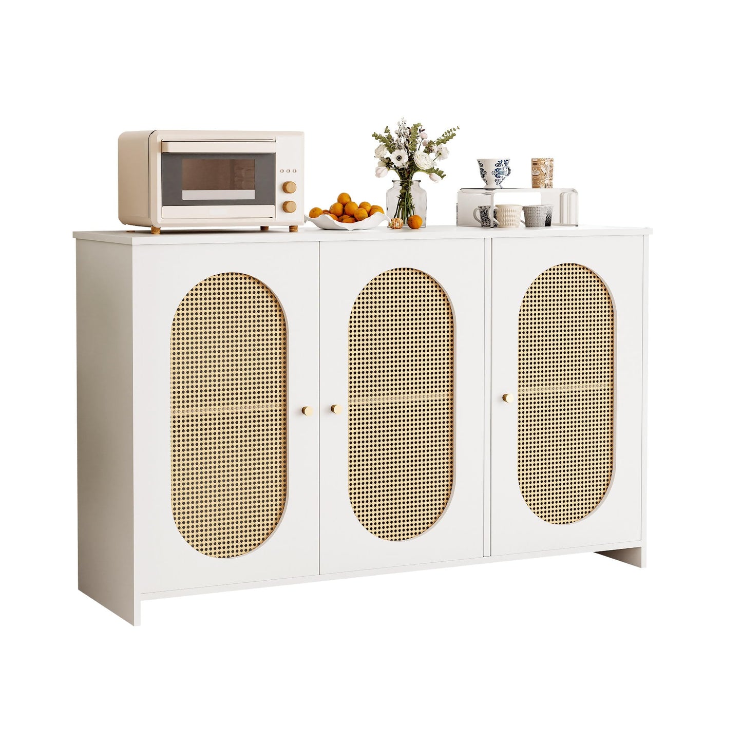 Buffet Cuisine de Style Bohème Bahut avec 3 Portes, Grand Espace de Rangement, Portes en Rotin Artificiel et Poignées en Métal, Meuble D'appoint Moderne pour Salle à Manger, Salon et Entrée (Noyer)
