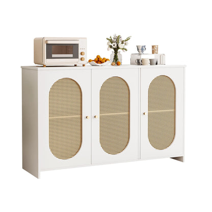 Buffet Cuisine de Style Bohème Bahut avec 3 Portes, Grand Espace de Rangement, Portes en Rotin Artificiel et Poignées en Métal, Meuble D'appoint Moderne pour Salle à Manger, Salon et Entrée (Noyer)