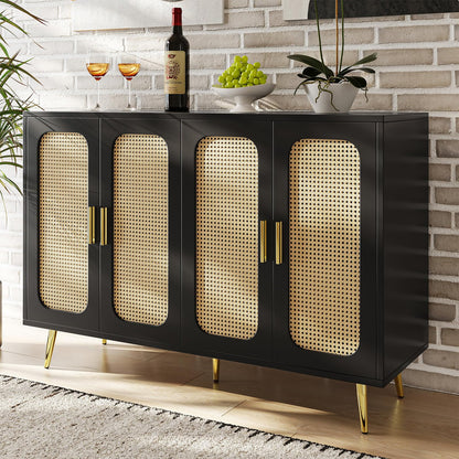 Sideboard, Kommode, Küchenschrank Rattan-Schranktür, Mehrzweckschrank mit 4 Türen, Schubladenschrank Kippschutz, Aufbewahrungsschrank Kratzfeste Oberfläche, 120 x 89 x 30 cm (B/H/T)