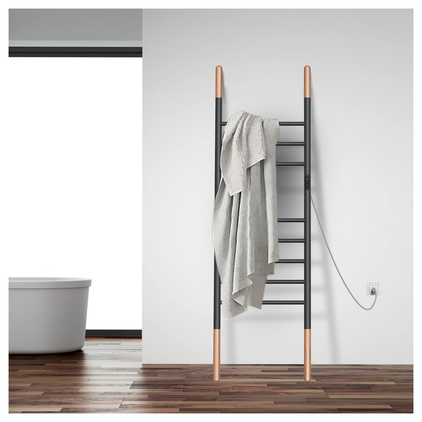 Sèche Serviettes Électrique Porte-Serviettes sur Pied, 150 * 45CM, 110W Porte Chauffe Serviettes Intelligent avec Minuterie Température Réglable, Échelle Porte Serviette Economie D'énergie