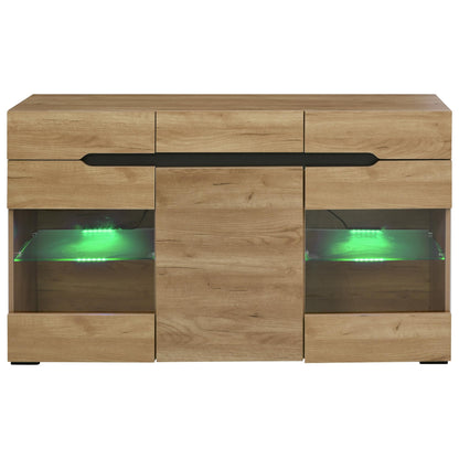 Buffet Salon LED, Meuble Buffet avec 3 Portes 3 Tiroirs, Vitrine Couleur Bois, Commode de Chambre Moderne et Élégante, Beaucoup D'espace de Rangement, Portes Acrylique Transparent, 140x35x80 cm