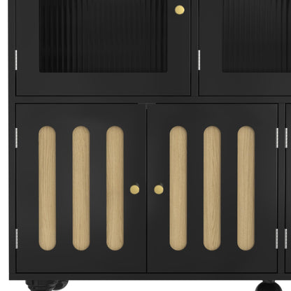 Buffet Salon Moderne, Longue Porte en Verre au Design Arc-en-ciel, Porte de Bar à clés de Piano, Pieds de Colonne Ronds, Armoire de Rangement Élégante, Armoire de Buffet au Design Unique, Blanc/Noir
