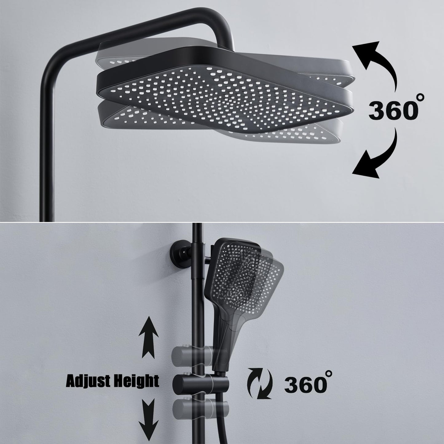 Noir Colonne de Douche Thermostatique, Système de Douche Piano Mural Ensemble de Douche Réglable en Hauteur Set de Douche avec Mitigeur,3 Modes Douchette,12 Pouces Douche de Tête