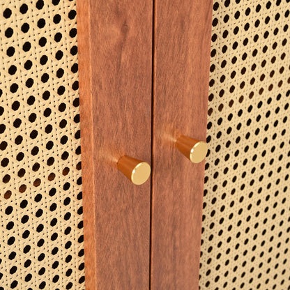 Buffet Cuisine de Style Bohème Bahut avec 3 Portes, Grand Espace de Rangement, Portes en Rotin Artificiel et Poignées en Métal, Meuble D'appoint Moderne pour Salle à Manger, Salon et Entrée (Noyer)