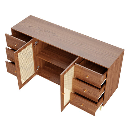 SHUGUANG Buffet Salon Marron, Meuble de Rangement Rétro Élégant en Rotin, Commode pour Chambre à Coucher, avec 3 Tiroirs et 2 Portes, Meuble en Bois Indépendant, Buffet de Cuisine, 160 x 40 x 90 cm