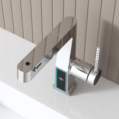 Robinet de Lavabo avec Douchette 3 Modes, Extractible Robinet de Salle de Bain avec Affichage Numérique LED Mitigeur Lavabo Monocommande Chaude et Froide Robinet Salle de Bain