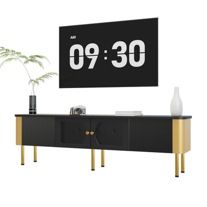 Meuble TV Moderne 170 cm Banc TV pour Téléviseurs Jusqu'à 65 Pouces, Tiroirs et Panneaux de Porte de Forme Spéciale, Poignées et Pieds Dorés, Forme D'arc, Élégant Luxueux Meuble Salon, Meuble TV Bas