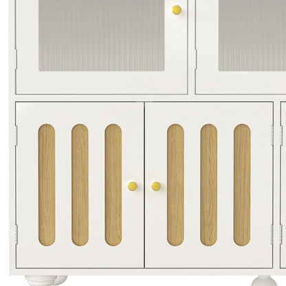 Buffet Salon Moderne, Longue Porte en Verre au Design Arc-en-ciel, Porte de Bar à clés de Piano, Pieds de Colonne Ronds, Armoire de Rangement Élégante, Armoire de Buffet au Design Unique, Blanc/Noir