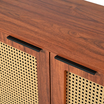 Buffet Vintage Rotin Style Bohème Bahut avec 2 Portes et 3 Tiroirs, Équipé de Poignées Noires, Armoire de Style Maison de Campagne pour Salle à Manger, Cuisine, Entrée, Salon (Bois Naturel/Noyer)