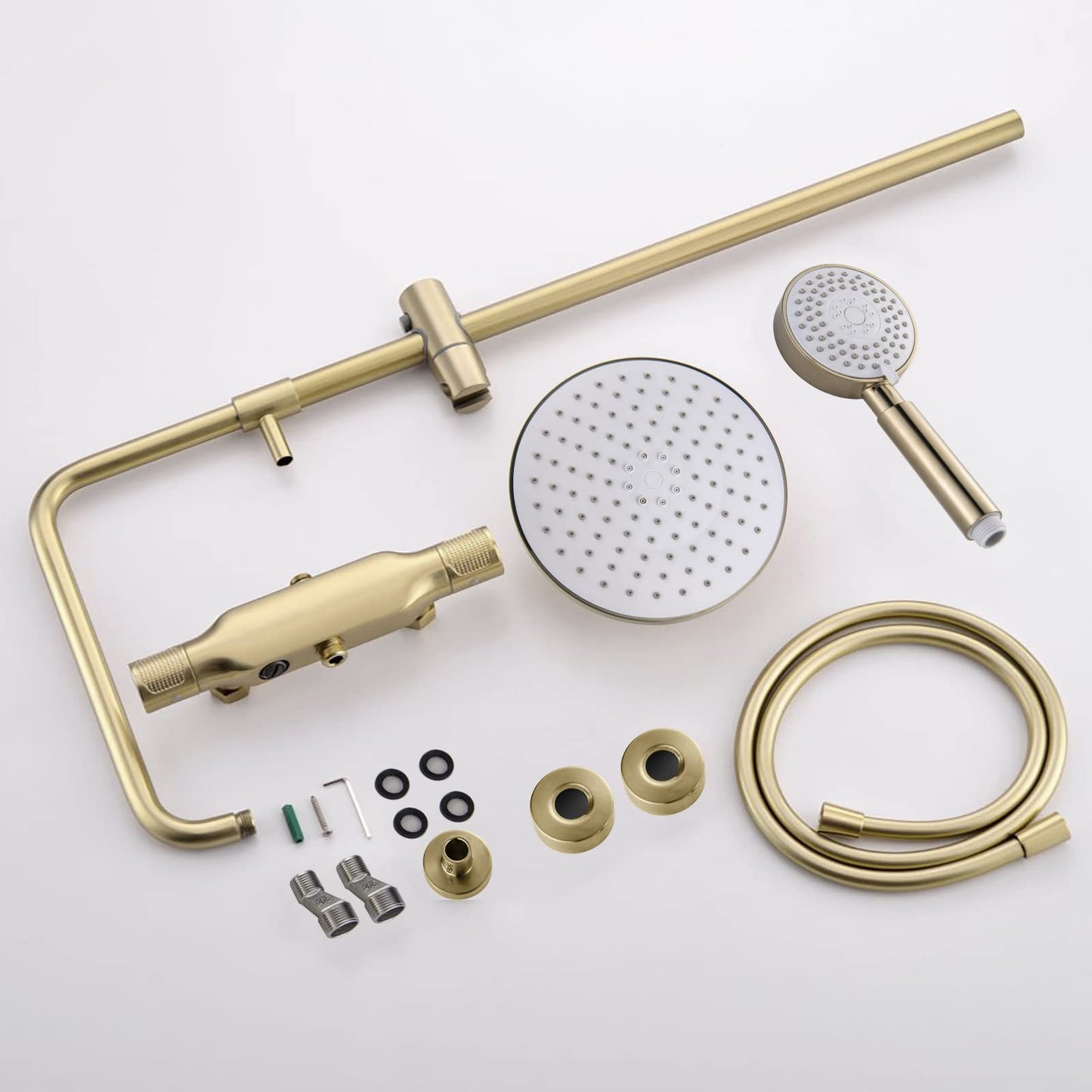 Colonne de Douche Or Brossé Mural Système de Douche avec Mitigeur Set de Douche Réglable en Hauteur Ensemble de Douche Chaude et Froide Kit de Douche, Inclure Tête de Douche 23cm, Douchette 3 Jets