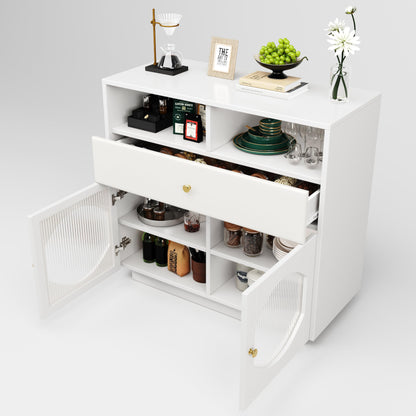 Buffet Salon avec Portes en Verre, Meuble de Cuisine Moderne de Luxe avec 1 Tiroir, 2 Portes et 2 Cloisons Ouvertes, Bahut Buffet de Salle à Manger, 100 × 40 × 90,5cm, Facile à Assembler, Blanc/Noir