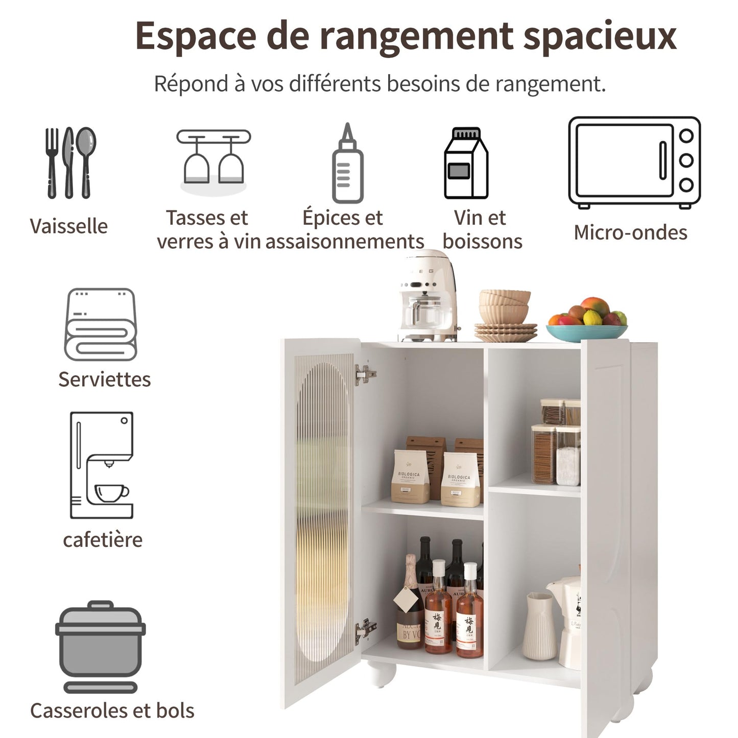 SHUGUANG 80 x 34 x 95 cm Blanc Scania-Style Buffet Cuisine Moderne Avoir Cloison Mobile, Buffet Cuisine avec Portes Vitrées,Buffet de Salon Applicables à Salon, Salle à Manger