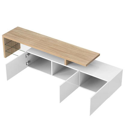 SHUGUANG Meuble TV 200 cm Longueur Meuble TV de Salon Moderne Élégance, Banc TV avec Étagères en Verre, Éclairage LED, Meuble TV Aspect Bois, Espace de Rangement Pratique, Brillant, 197,5x39x42cm