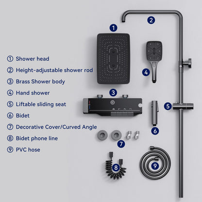 Colonne de Douche Thermostatique Gris Pistolet Colonne de Douche avec Affichage la Température Ensemble de Douche avec Mitigeur Hauteur Réglable, Pomme Douche de Tête 31x20CM et Douchette 3 Jets