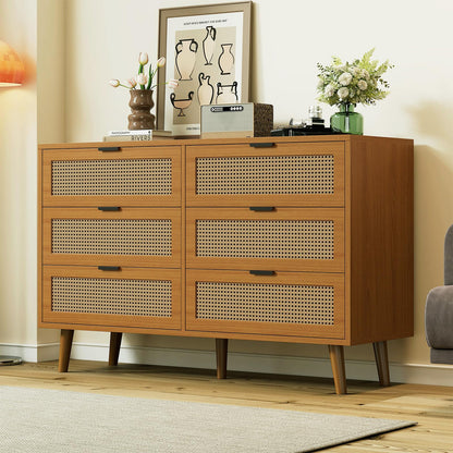 Kommode Mit 6 Schubladen, Sideboard Perforierte Rattantür, Mehrzweckschrank für Wohnzimmer, Esszimmer, Schubladenschrank Hohe Tragfähigkeit, Schrankbeine aus Massivholz, Metallgriff, 120 x 40 x 76.5cm