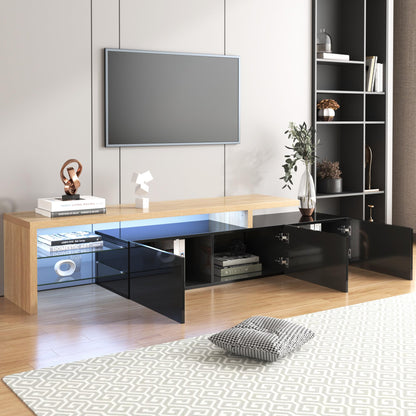 SHUGUANG Meuble TV 200 cm Longueur Meuble TV de Salon Moderne Élégance, Banc TV avec Étagères en Verre, Éclairage LED, Meuble TV Aspect Bois, Espace de Rangement Pratique, Brillant, 197,5x39x42cm