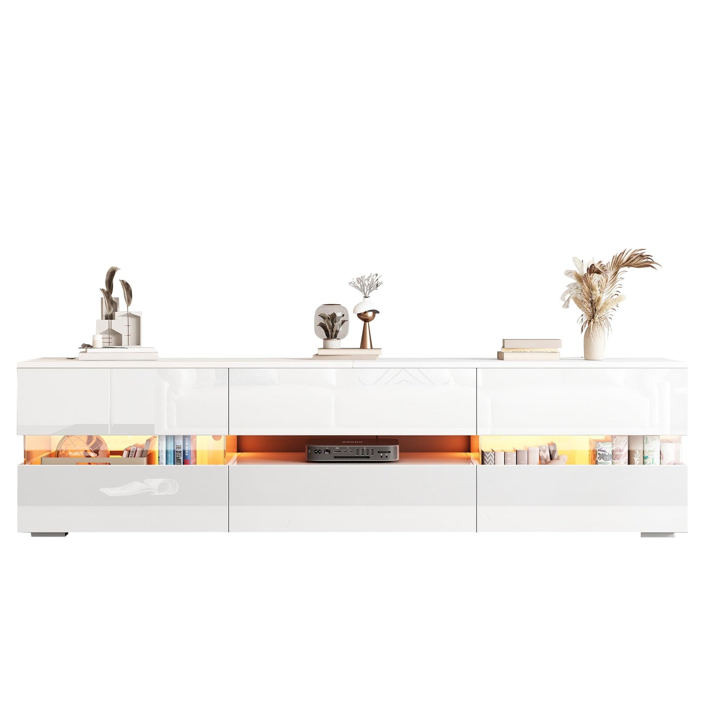 Meuble TV Blanc Brillant 160 cm Banc TV Moderne avec Éclairage LED, 2 Portes, 1 Tiroir, Compartiment Ouvert, pour Téléviseur 70 Pouces, Insert en Verre Acrylique et Ouverture à Pression, Meuble Salon