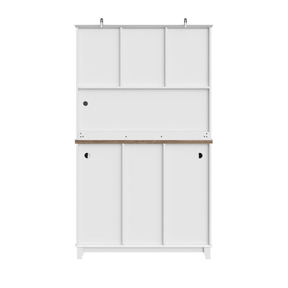 Armoire de Cuisine, Enfilade Buffet Haute, Vitrine avec Étagères Réglables et Casier à Vin, Buffet de Salon avec Éclairage LED, Beaucoup D'espace de Rangement, 106*40*179.5cm (Tiroirs Blanc/Bois)