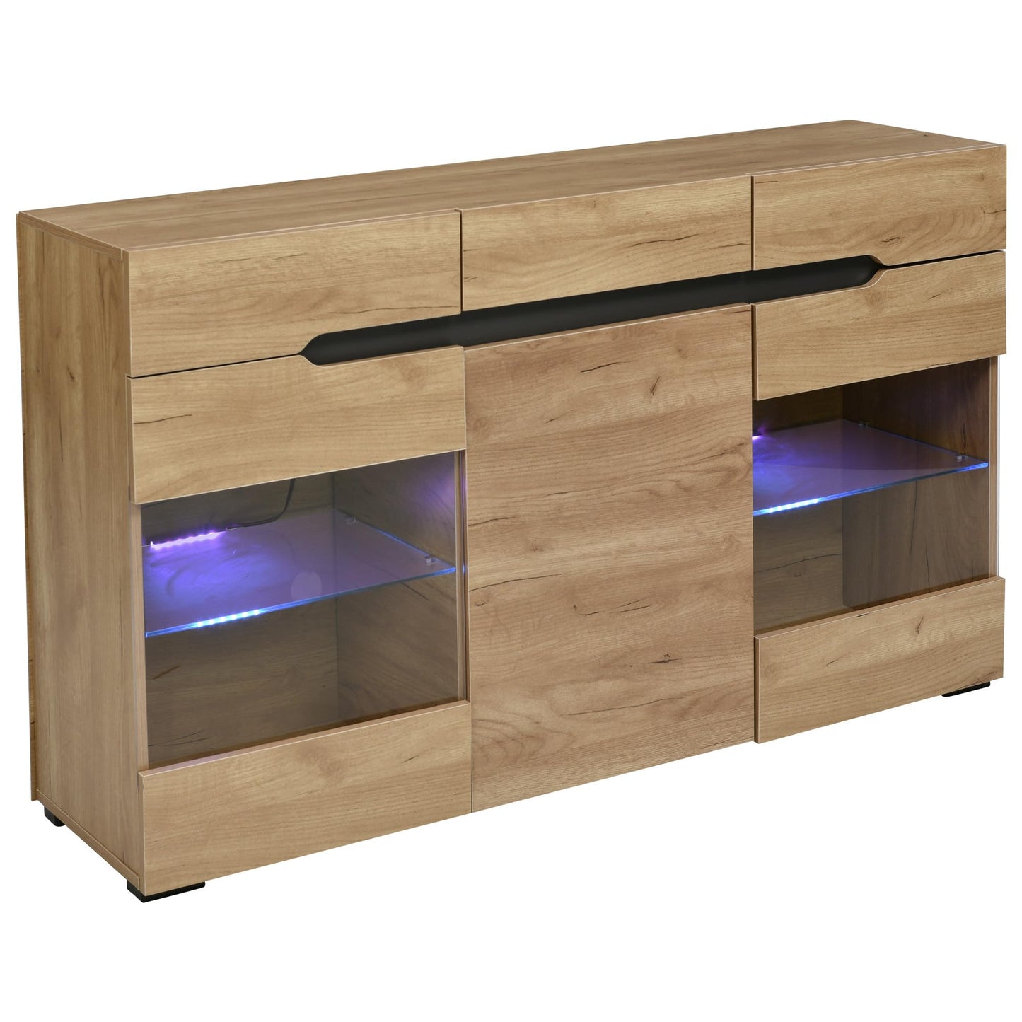 Buffet Salon LED, Meuble Buffet avec 3 Portes 3 Tiroirs, Vitrine Couleur Bois, Commode de Chambre Moderne et Élégante, Beaucoup D'espace de Rangement, Portes Acrylique Transparent, 140x35x80 cm