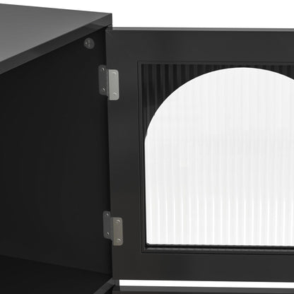 Buffet Salon Moderne, Longue Porte en Verre au Design Arc-en-ciel, Porte de Bar à clés de Piano, Pieds de Colonne Ronds, Armoire de Rangement Élégante, Armoire de Buffet au Design Unique, Blanc/Noir