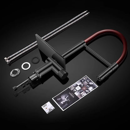 Robinet de Cuisine Cascade Rouge avec Pulvérisateur Escamotable 3 Fonctions de Pulvérisation, Mitigeur Cuisine Chaud Et Froid Avec Rotation À 360°, Acier Inoxydable SUS304