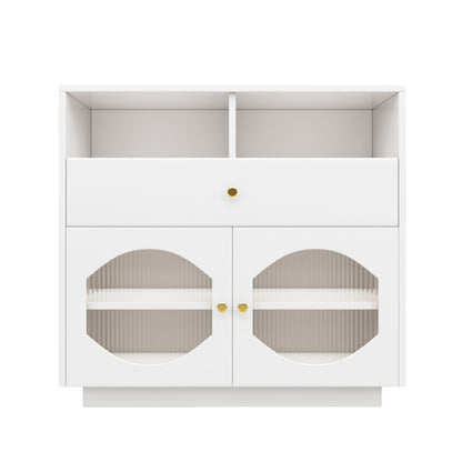 Buffet Salon avec Portes en Verre, Meuble de Cuisine Moderne de Luxe avec 1 Tiroir, 2 Portes et 2 Cloisons Ouvertes, Bahut Buffet de Salle à Manger, 100 × 40 × 90,5cm, Facile à Assembler, Blanc/Noir