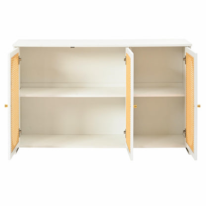 Buffet Cuisine de Style Bohème Bahut avec 3 Portes, Grand Espace de Rangement, Portes en Rotin Artificiel et Poignées en Métal, Meuble D'appoint Moderne pour Salle à Manger, Salon et Entrée (Noyer)