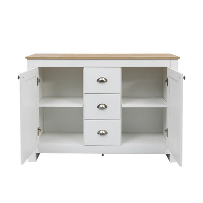 Buffet Bois Blanc Chaud avec 2 Portes et 3 Tiroirs, Meuble Buffet Simple et Élégant, Poignées Argentées, Étagère Réglable, Charnières à Fermeture Douce, pour Salon, Cuisine, Entrée, 116x35x81 cm