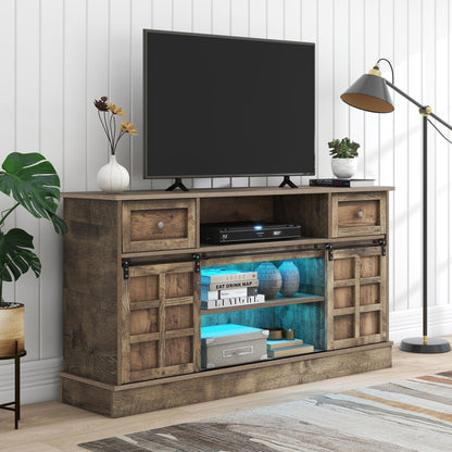 Meuble TV 150 cm Longueur Banc TV Gris Marron avec 2 Portes Coulissantes, 9 Compartiments de Rangement, 2 Tiroirs, Éclairage LED 16 Couleurs, Style Ferme Rétro en Grain de Bois pour TV Jusqu'à 60"