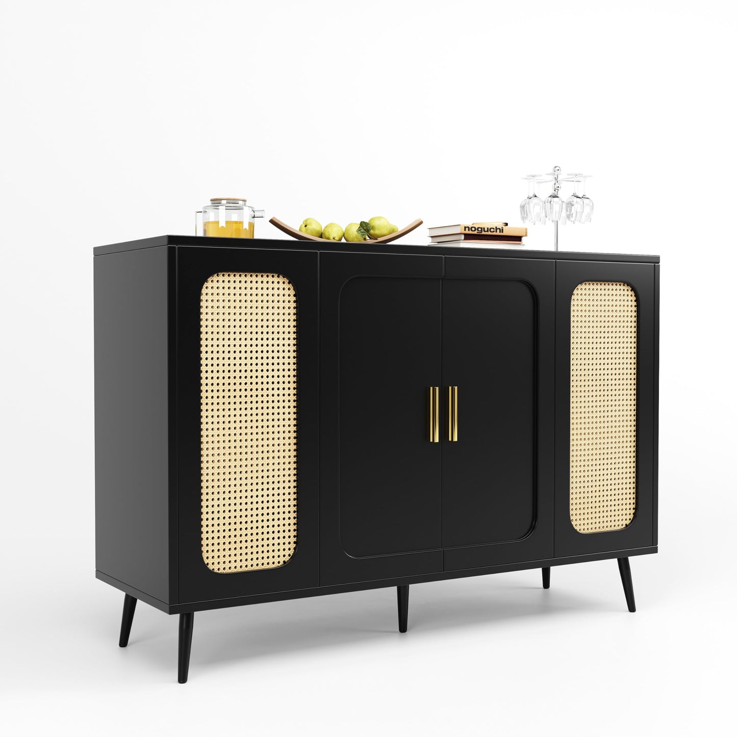 SHUGUANG Buffets Modernes, Armoires Élégantes en Bois de Rotin, avec Diviseur Réglable, Armoires de Rangement avec Portes Blister, Armoires Indépendantes, pour Cuisine Salon, Noir 120 x 35 x 89 cm