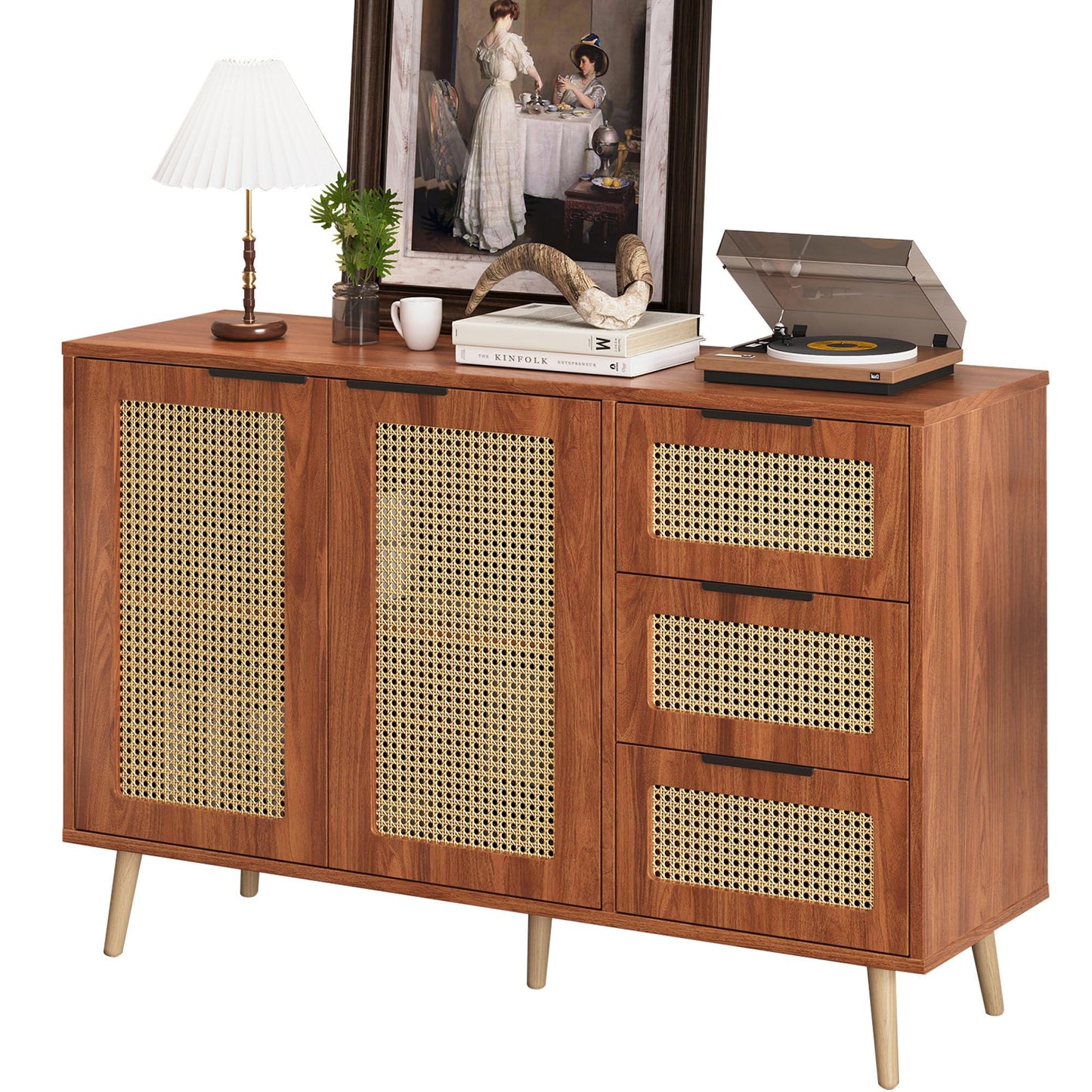 Buffet Vintage Rotin Style Bohème Bahut avec 2 Portes et 3 Tiroirs, Équipé de Poignées Noires, Armoire de Style Maison de Campagne pour Salle à Manger, Cuisine, Entrée, Salon (Bois Naturel/Noyer)