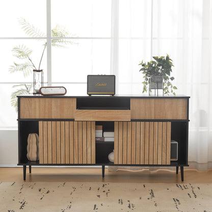 SHUGUANG Buffet élégant moderne avec 4 portes coulissantes et 1 tiroir, chêne combiné avec noir, armoire de buffet pour salon, cuisine, chambre à coucher, entrée, 160 x 40 x 80 cm