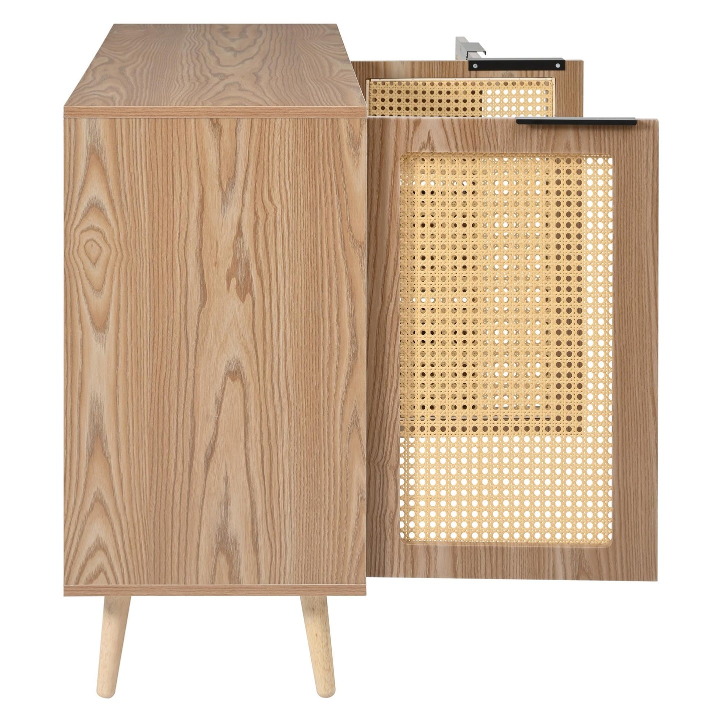 Buffet Vintage Rotin Style Bohème Bahut avec 2 Portes et 3 Tiroirs, Équipé de Poignées Noires, Armoire de Style Maison de Campagne pour Salle à Manger, Cuisine, Entrée, Salon (Bois Naturel/Noyer)