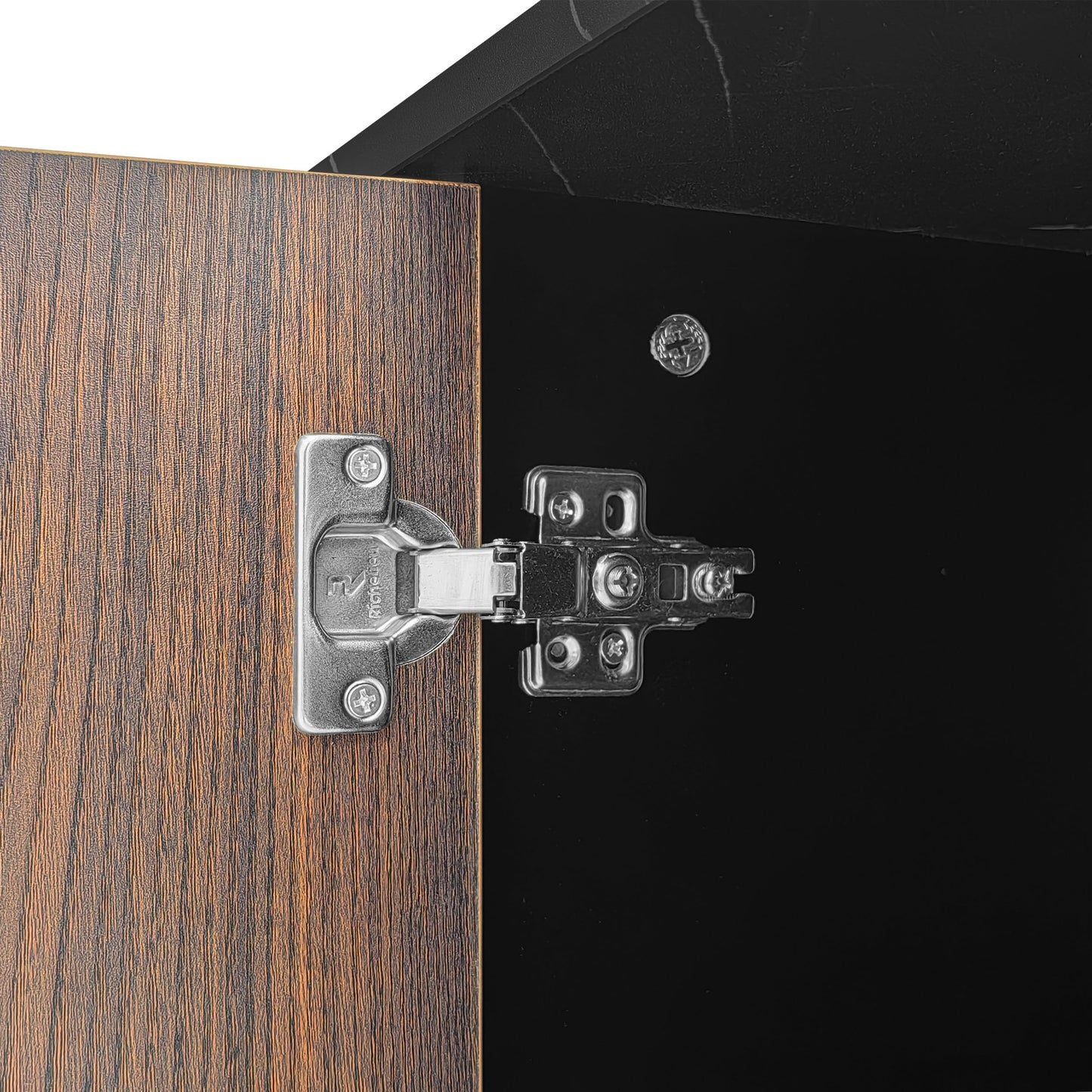 Meuble TV LED Banc TV Moderne Aspect Marbre Noir, Portes en Grain de Bois Foncé, Meuble Télé avec Lumières LED Réglables, Table TV avec Deux Portes et Deux Tiroirs, Adapté pour Robot Aspirateur Marque : SHUGUANG