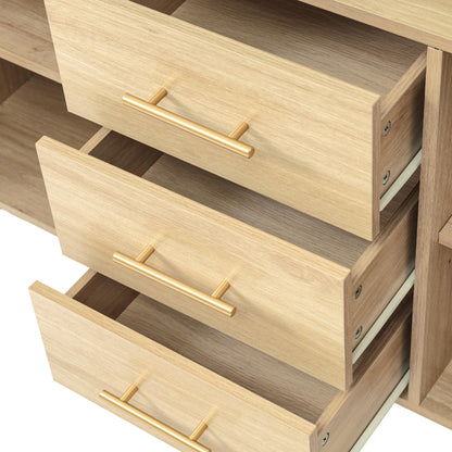 SHUGUANG Buffet Salon Style Bohème avec 2 Portes en Rotin et 3 Tiroirs, Commode Cuisine, Vaisselier Chambre, Meuble de Rangement Bois, Étagères Réglables, Anti-basculement, 120 x 40 x 74 cm, Chêne