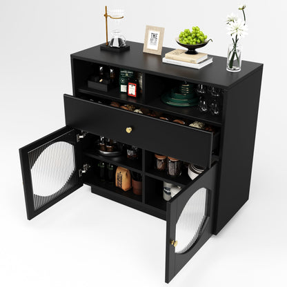 Buffet Salon avec Portes en Verre, Meuble de Cuisine Moderne de Luxe avec 1 Tiroir, 2 Portes et 2 Cloisons Ouvertes, Bahut Buffet de Salle à Manger, 100 × 40 × 90,5cm, Facile à Assembler, Blanc/Noir