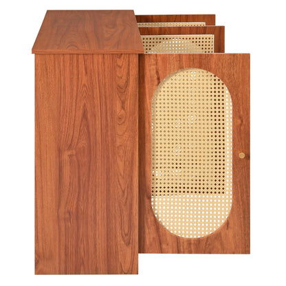 Buffet Cuisine de Style Bohème Bahut avec 3 Portes, Grand Espace de Rangement, Portes en Rotin Artificiel et Poignées en Métal, Meuble D'appoint Moderne pour Salle à Manger, Salon et Entrée (Noyer)